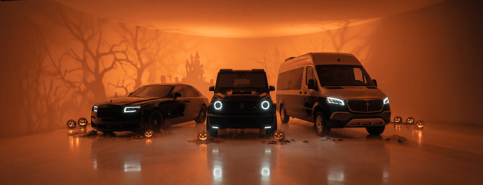 Hotwheelz Rolls-Royce, G-Wagon and Sprinter in a Halloween scene